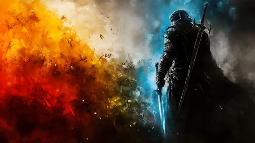 Solitary armored warrior between fire and icy mist.