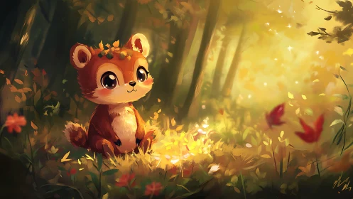 Cute woodland fawn under glowing autumn forest light.