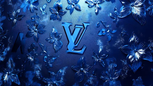 Shimmering blue floral logo bathed in dreamy evening light.