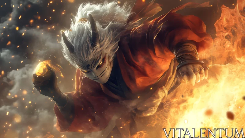 Masked horned figure moves through fire with dynamic lighting