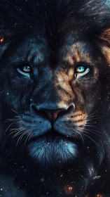 Bifurcated spectral lion portrait with volumetric ember lighting.