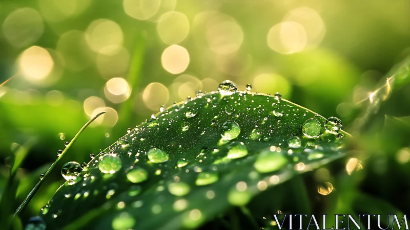 Morning dew beads on leaf with glowing green bokeh background.