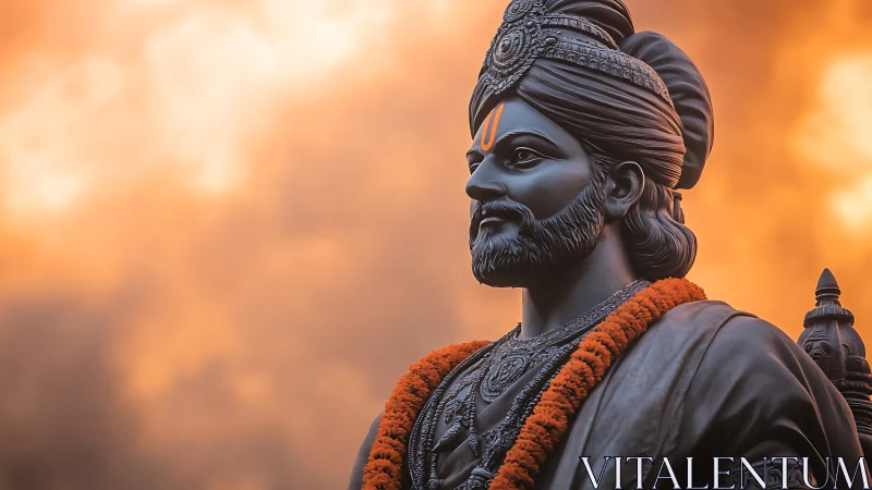 Regal warrior statue gazes calmly into a glowing sky