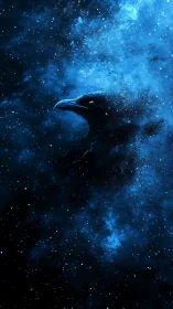 Cosmic raven dissolves into blue starlit nebula sky.