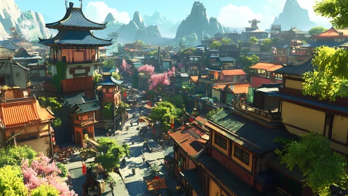 Sunlit mountain town with layered pagodas and blossoms.