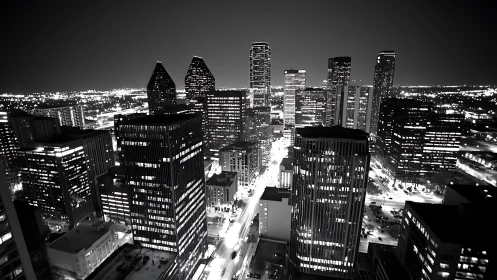 Monochrome aerial view records illuminated urban high‑rise core