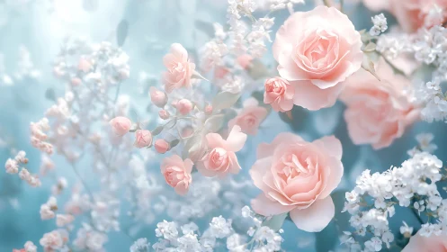 Soft-focus pastel roses framed by diffuse blue bokeh background
