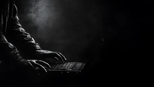 Hooded hacker types in darkness on backlit laptop keyboard.