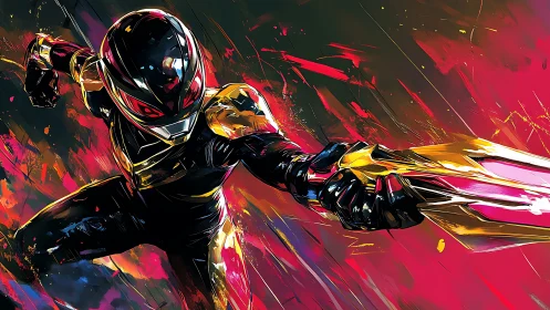 Neon blade sprinter slices through a storm of electric color.