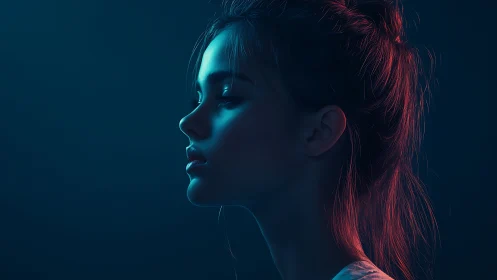 Bicolor rim lighting on female profile in cinematic side view