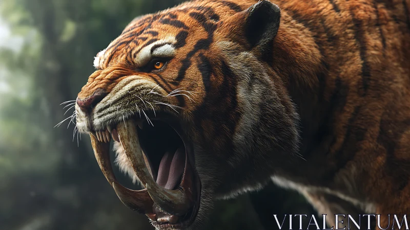 Saber-toothed tiger roars in lush prehistoric jungle light.