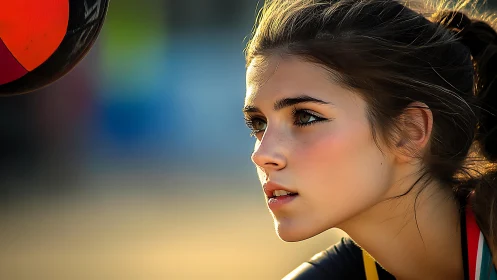 Focused young athlete watching the ball with quiet intensity.