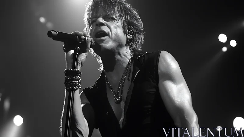 Monochrome stage vocalist under directional concert lighting.