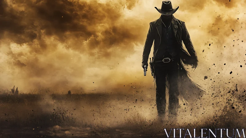 Lone gunslinger silhouette in a stormy desert haze.