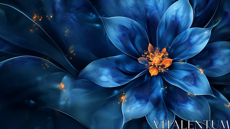 Iridescent blue petals encircle glowing amber floral core.