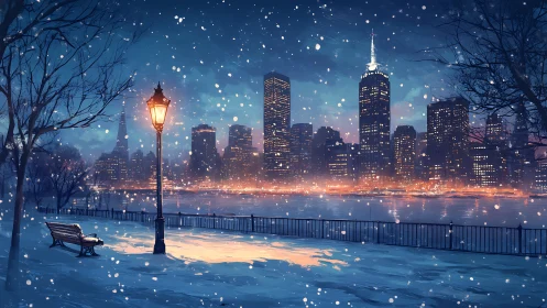 Snowfall quiets riverside park facing glowing city skyline
