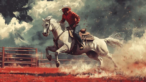 Dusty rodeo sprint with a confident cowboy and white horse.