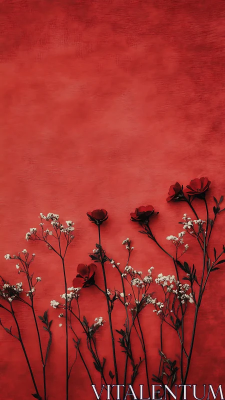 Red Carnations and Baby's Breath Against Textured Crimson Background