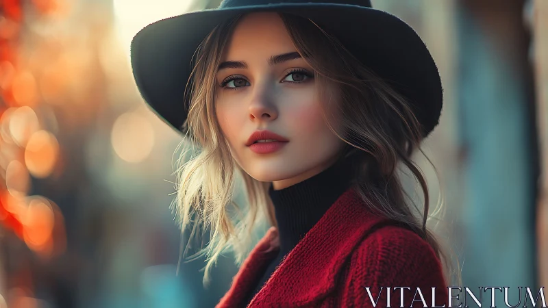 Autumn-eyed wanderer in crimson coat and shadowy brimmed hat.