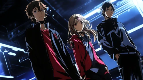 Three anime youths in sportswear under neon lighting.