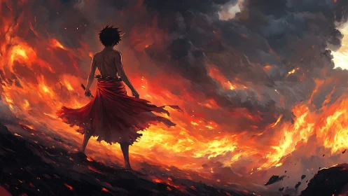 Solitary Figure Against Apocalyptic Inferno Landscape.