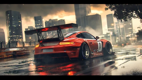 Red race car storms a rain-soaked city circuit at dusk