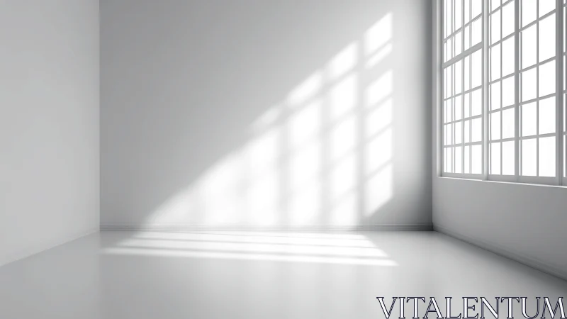Empty white room with large grid windows and hard light shadows