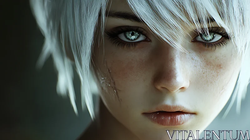 Cinematic 3D close-up of silver-haired, scarred adolescent face.