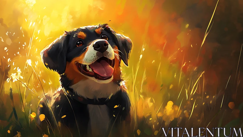 Tri-color dog in backlit golden meadow, painterly bokeh glow