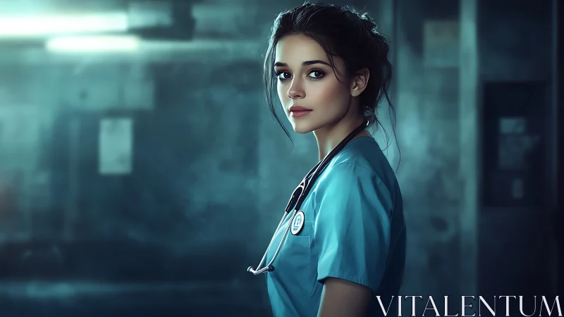 Clinical portrait of nurse in teal scrubs, cool cinematic light.
