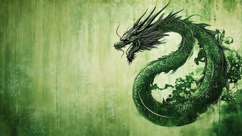 Coiled emerald dragon curls against textured green void