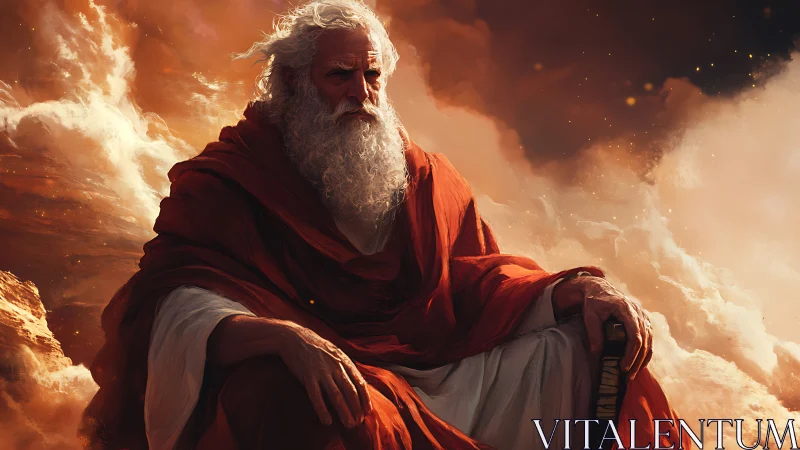 Wise elder resting in glowing sunset clouds above cliffs.