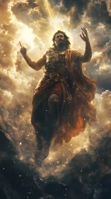 Radiant sky god strides through glowing stormlit heavens