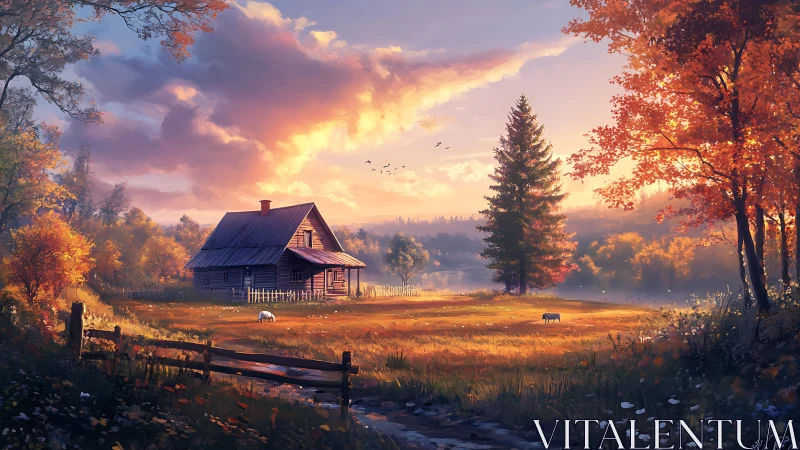 Rural wooden house stands in autumn field at low sunset light