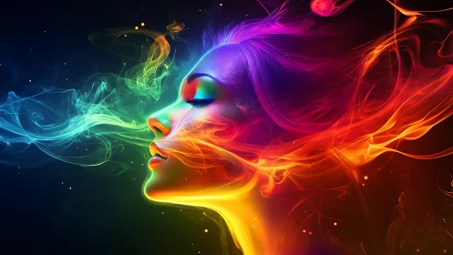 Neon profile portrait immersed in swirling rainbow smoke.