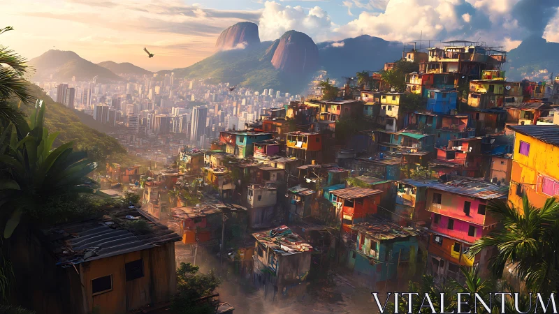 Sunlit hillside favela leans into a glowing tropical skyline
