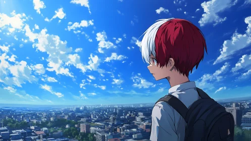 Anime student overlooks sunlit city under vivid blue sky.