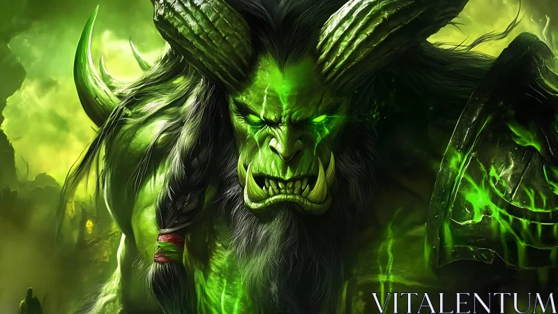 Emerald fury of a horned warrior in glowing chaos.