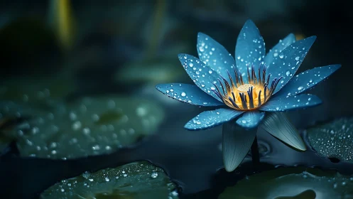Blue water lily with raindrops in low light environment.