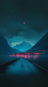 Neon mountain village glows beside flooded midnight highway.