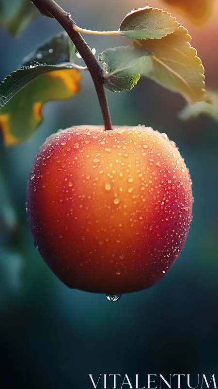 Dew-covered red apple hanging from branch at sunrise.
