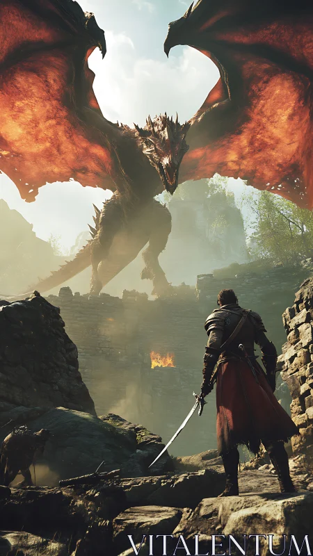 Armored warrior confronting towering dragon in ruins.