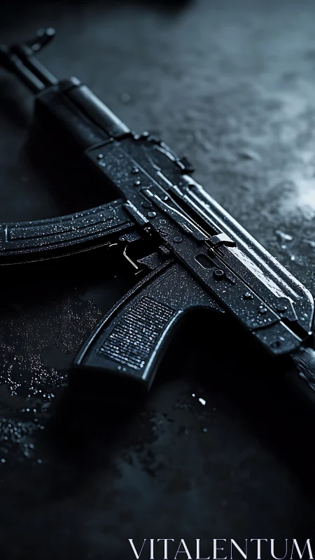 Rain-slick rifle rests in cinematic blue steel silence