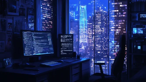 Programmer workstation overlooks dense blue city skyline at night