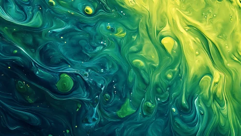 Green and yellow liquid swirls form dense abstract fluid pattern