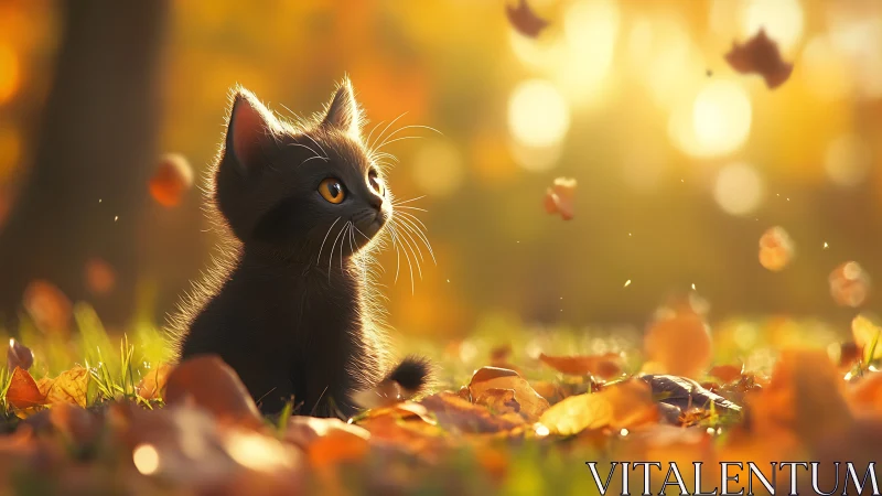 Black Kitten Amid Golden Autumn Leaves.