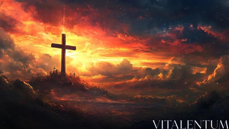 Cross silhouettes on hill under intense sunset sky.