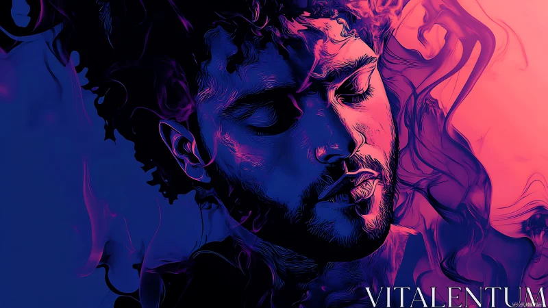 Contemplative portrait glows in neon smoke and deep contrast