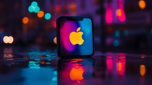Apple iPhone displaying logo with neon gradient background urban setting