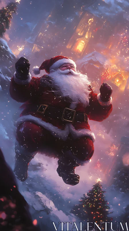 Digital painting of jubilant Santa in luminous winter cityscape.